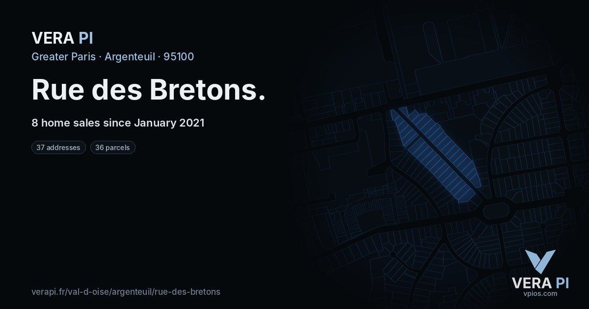 Rue des Bretons, Argenteuil at night – every parcel coloured by the prices around it, the street's own parcels lit