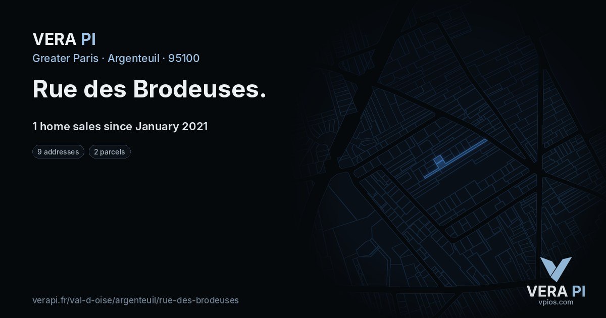 Rue des Brodeuses, Argenteuil at night – every parcel coloured by the prices around it, the street's own parcels lit
