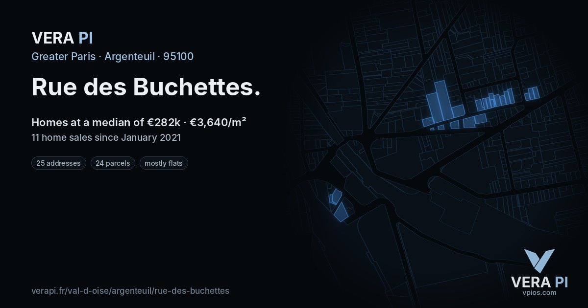 Rue des Buchettes, Argenteuil at night – every parcel coloured by the prices around it, the street's own parcels lit