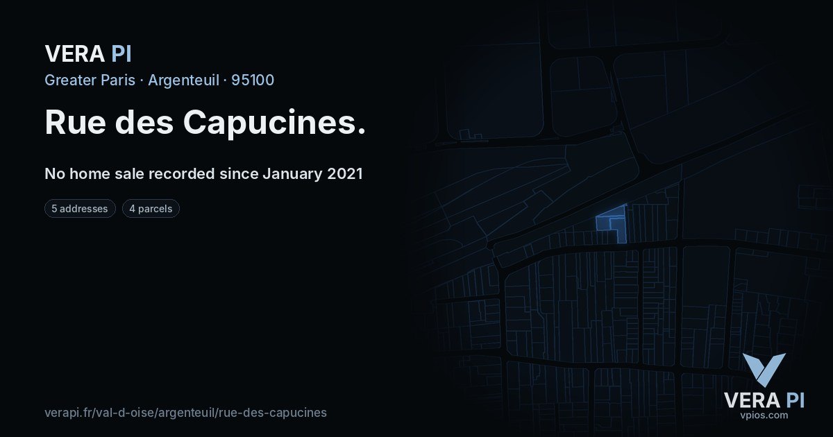 Rue des Capucines, Argenteuil at night – every parcel coloured by the prices around it, the street's own parcels lit