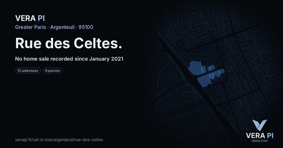Rue des Celtes, Argenteuil at night – every parcel coloured by the prices around it, the street's own parcels lit