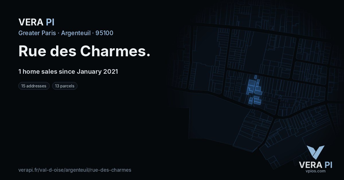 Rue des Charmes, Argenteuil at night – every parcel coloured by the prices around it, the street's own parcels lit