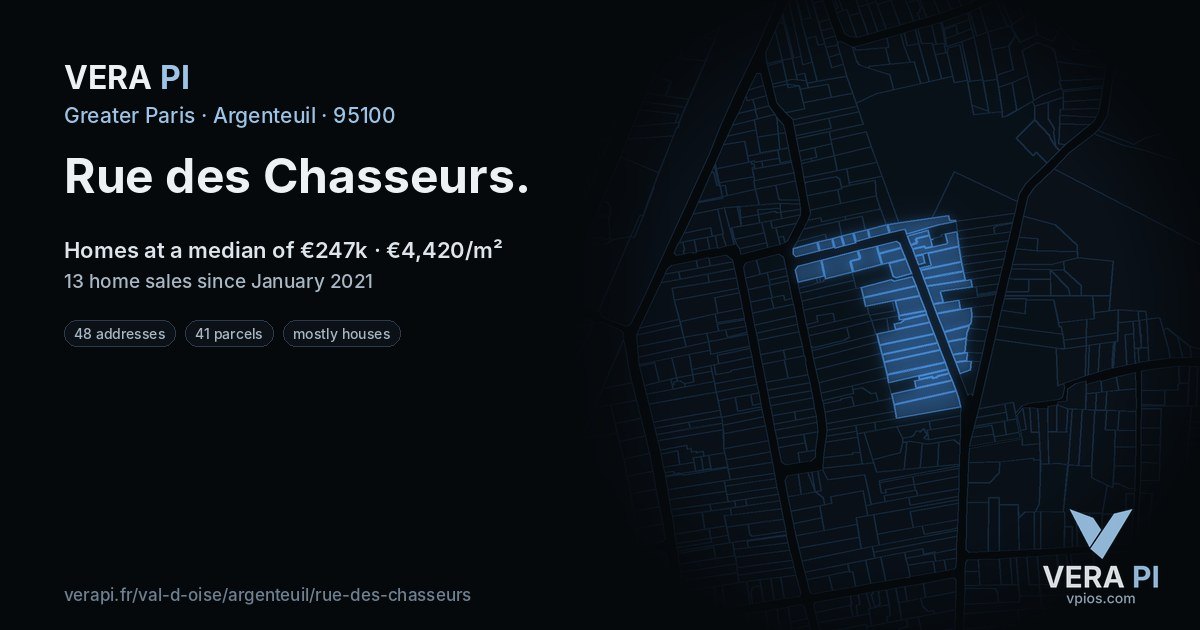 Rue des Chasseurs, Argenteuil at night – every parcel coloured by the prices around it, the street's own parcels lit