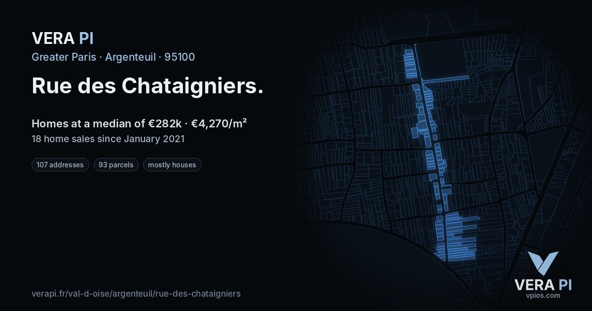 Rue des Chataigniers, Argenteuil at night – every parcel coloured by the prices around it, the street's own parcels lit