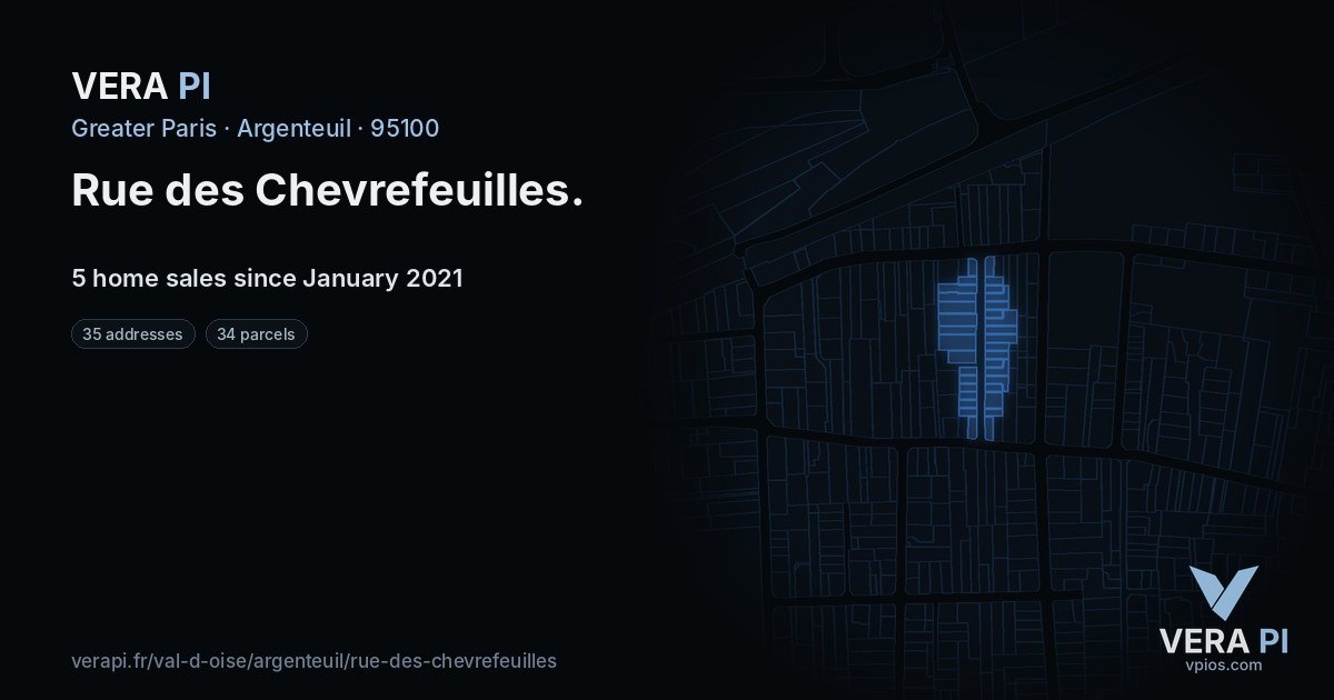 Rue des Chevrefeuilles, Argenteuil at night – every parcel coloured by the prices around it, the street's own parcels lit
