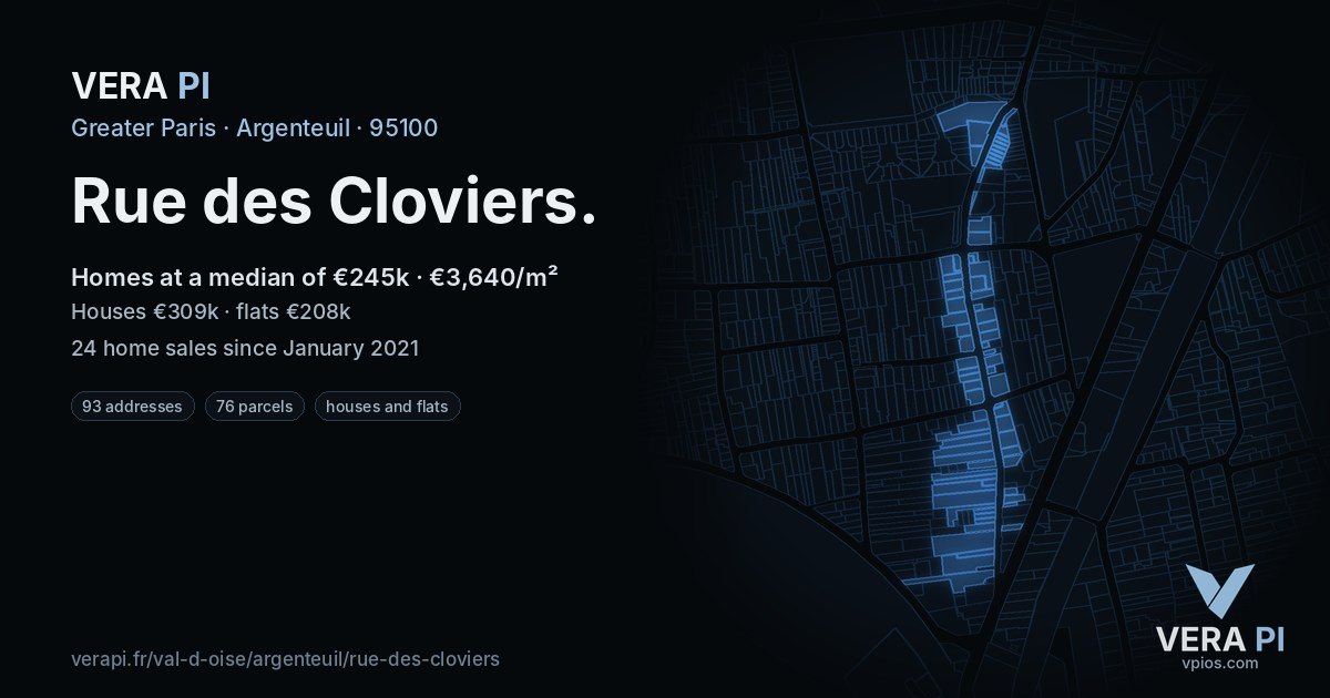 Rue des Cloviers, Argenteuil at night – every parcel coloured by the prices around it, the street's own parcels lit