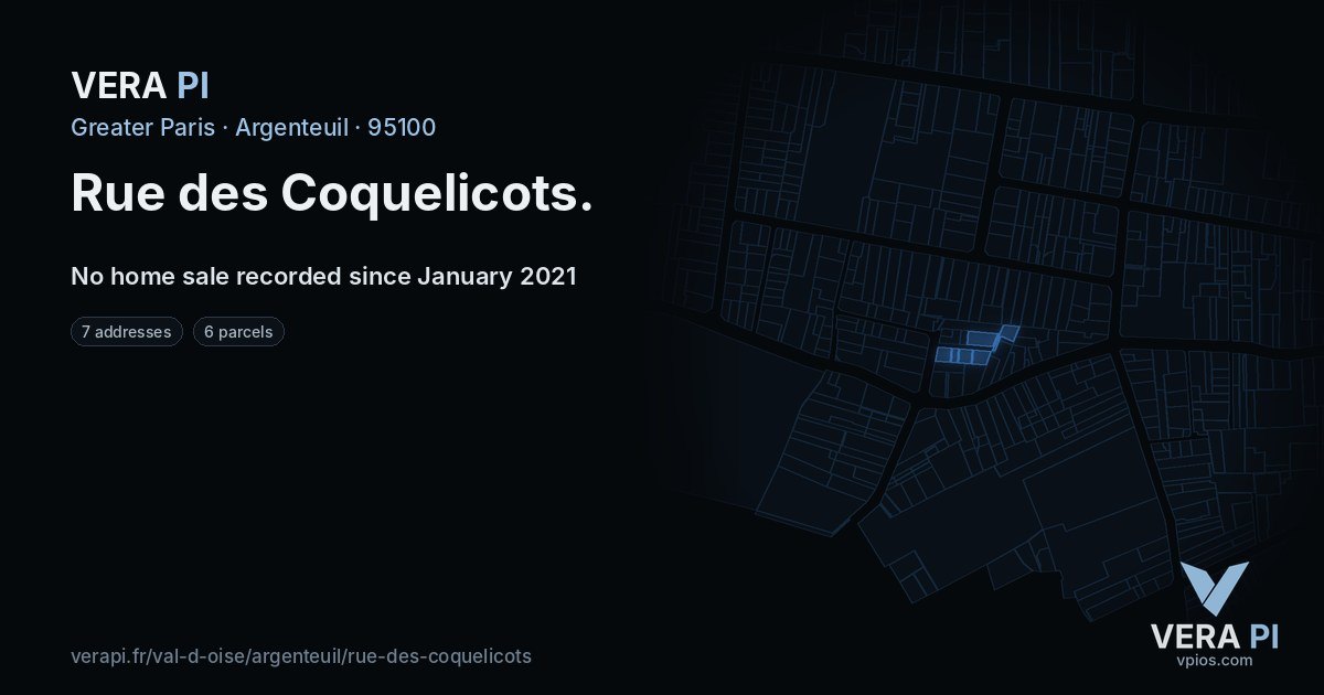 Rue des Coquelicots, Argenteuil at night – every parcel coloured by the prices around it, the street's own parcels lit