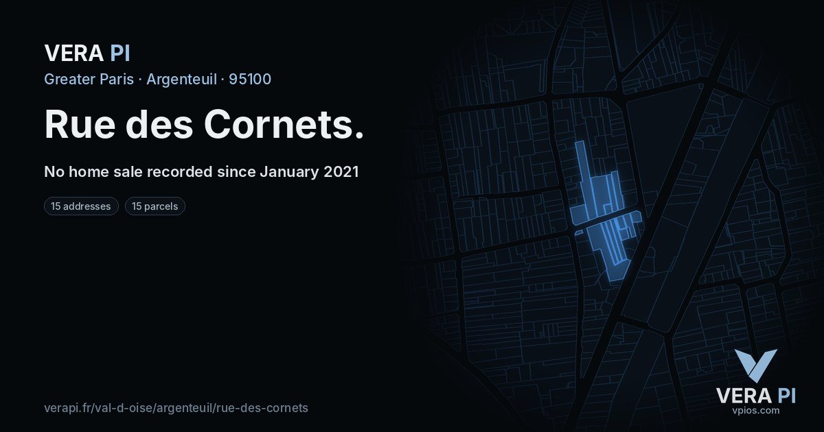 Rue des Cornets, Argenteuil at night – every parcel coloured by the prices around it, the street's own parcels lit