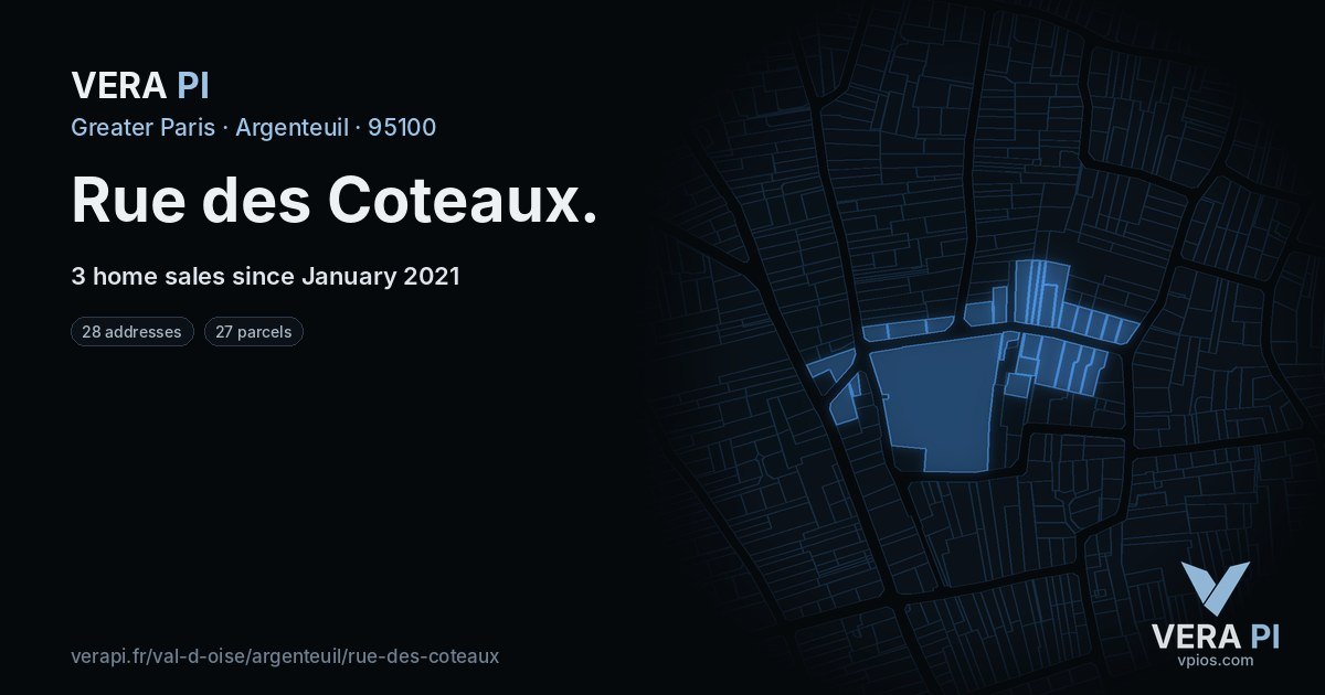 Rue des Coteaux, Argenteuil at night – every parcel coloured by the prices around it, the street's own parcels lit