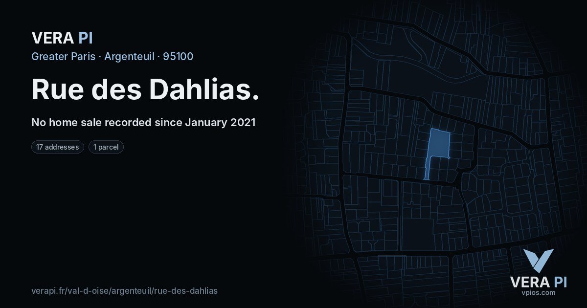 Rue des Dahlias, Argenteuil at night – every parcel coloured by the prices around it, the street's own parcels lit