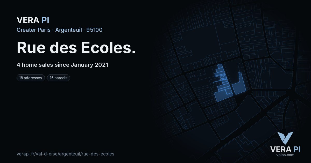 Rue des Ecoles, Argenteuil at night – every parcel coloured by the prices around it, the street's own parcels lit