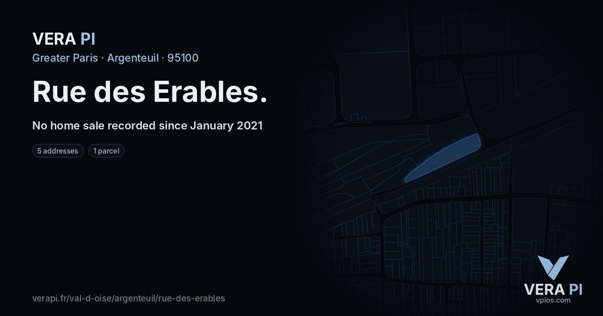 Rue des Erables, Argenteuil at night – every parcel coloured by the prices around it, the street's own parcels lit