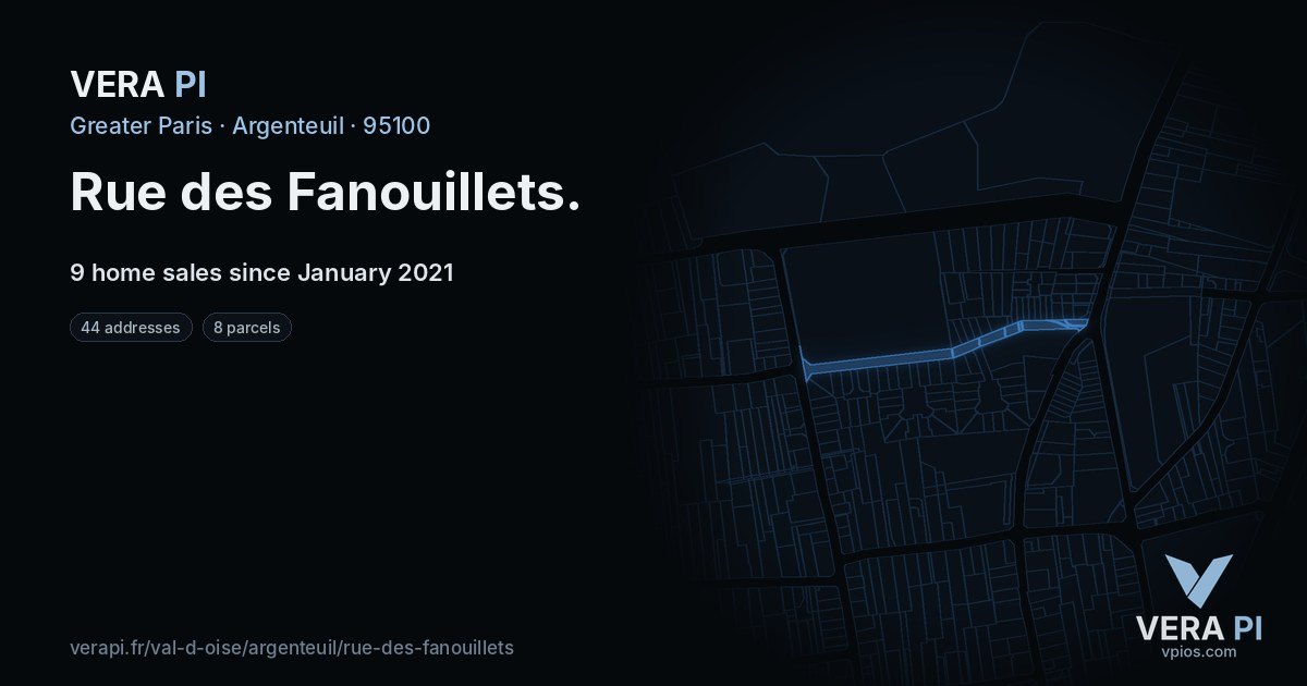 Rue des Fanouillets, Argenteuil at night – every parcel coloured by the prices around it, the street's own parcels lit
