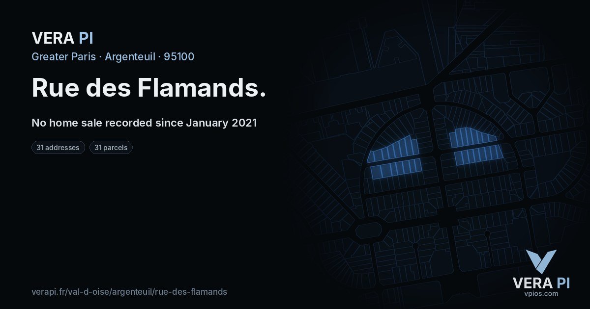 Rue des Flamands, Argenteuil at night – every parcel coloured by the prices around it, the street's own parcels lit