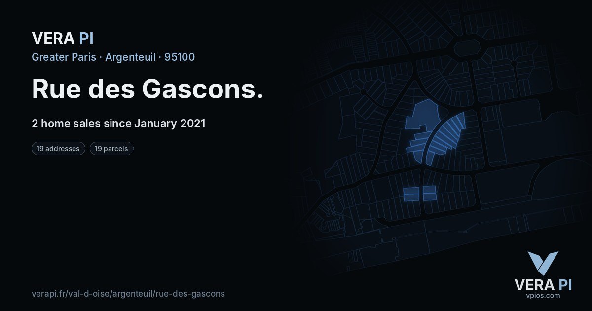 Rue des Gascons, Argenteuil at night – every parcel coloured by the prices around it, the street's own parcels lit