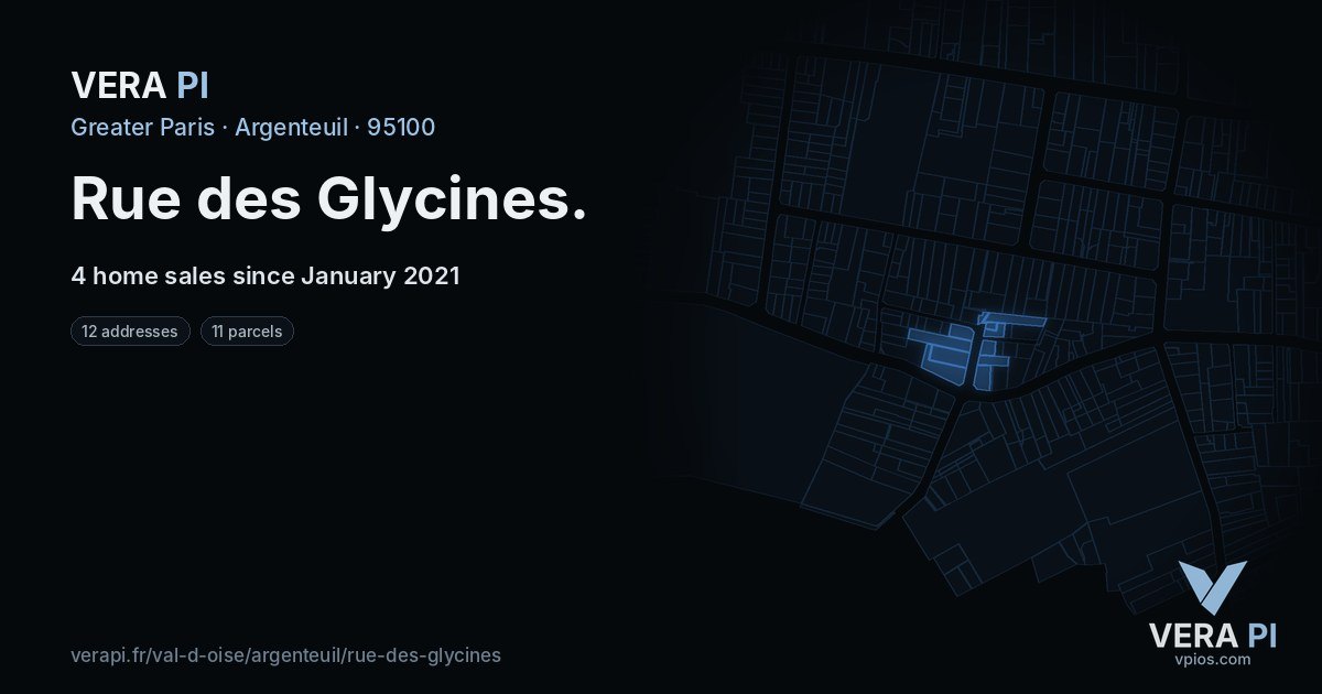 Rue des Glycines, Argenteuil at night – every parcel coloured by the prices around it, the street's own parcels lit