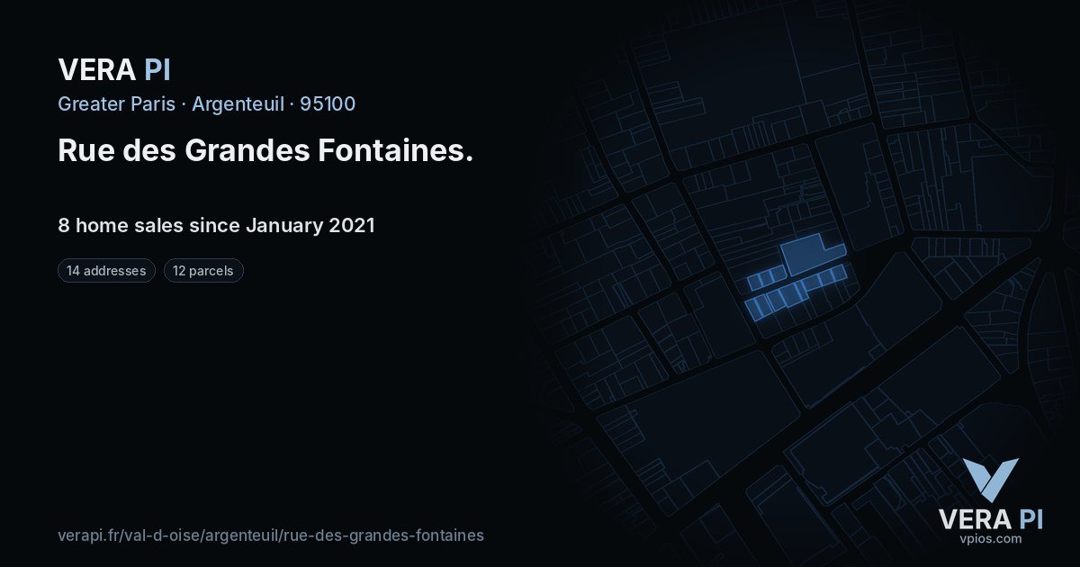Rue des Grandes Fontaines, Argenteuil at night – every parcel coloured by the prices around it, the street's own parcels lit