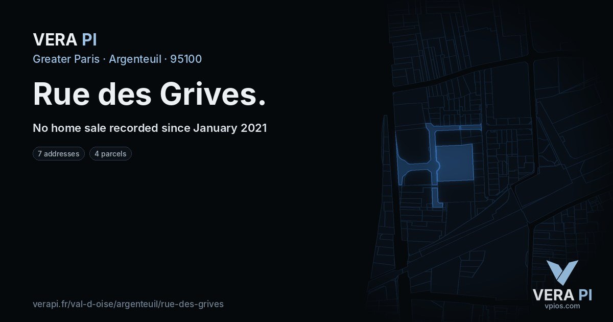 Rue des Grives, Argenteuil at night – every parcel coloured by the prices around it, the street's own parcels lit