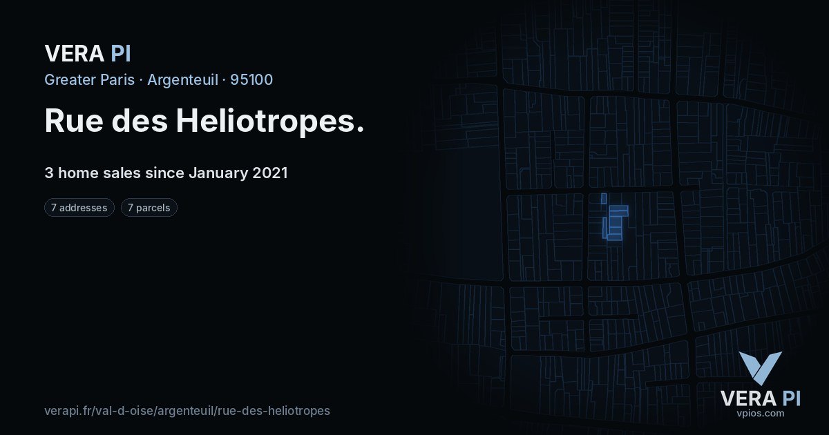 Rue des Heliotropes, Argenteuil at night – every parcel coloured by the prices around it, the street's own parcels lit