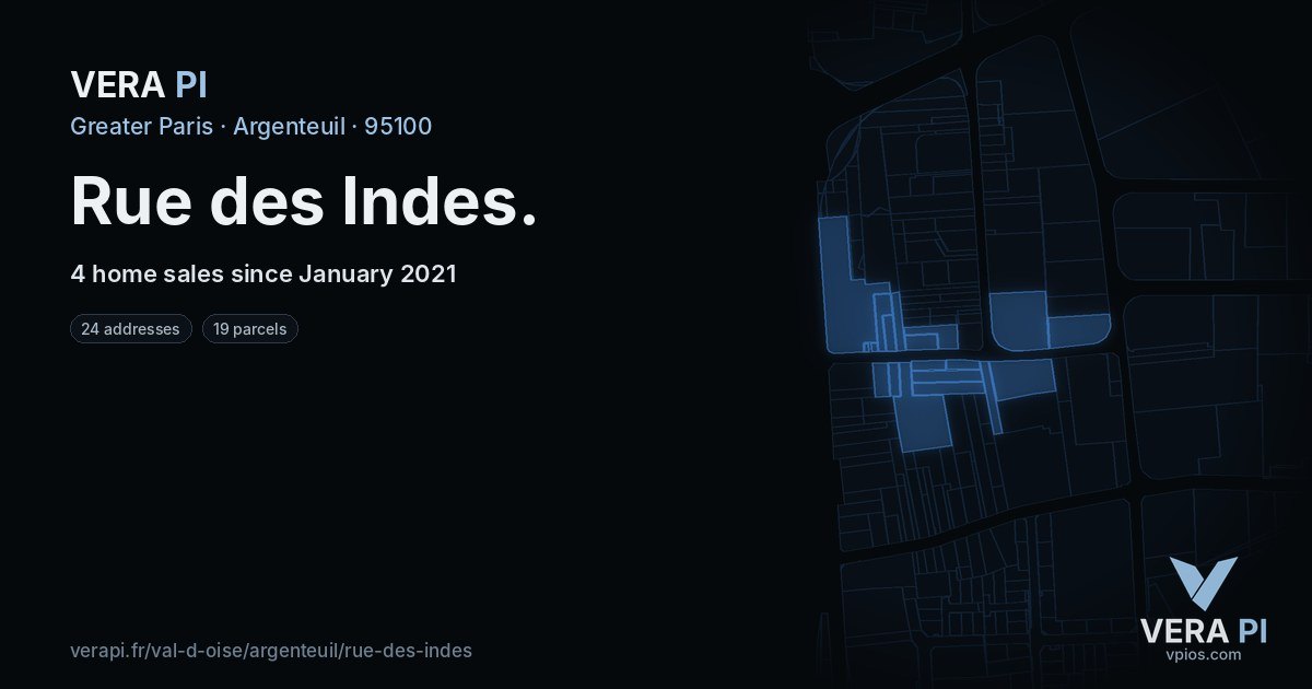 Rue des Indes, Argenteuil at night – every parcel coloured by the prices around it, the street's own parcels lit