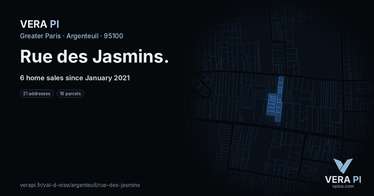 Rue des Jasmins, Argenteuil at night – every parcel coloured by the prices around it, the street's own parcels lit