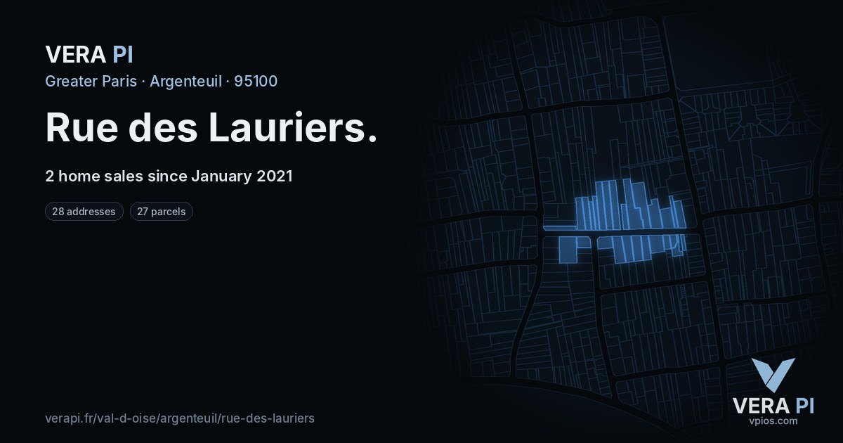 Rue des Lauriers, Argenteuil at night – every parcel coloured by the prices around it, the street's own parcels lit