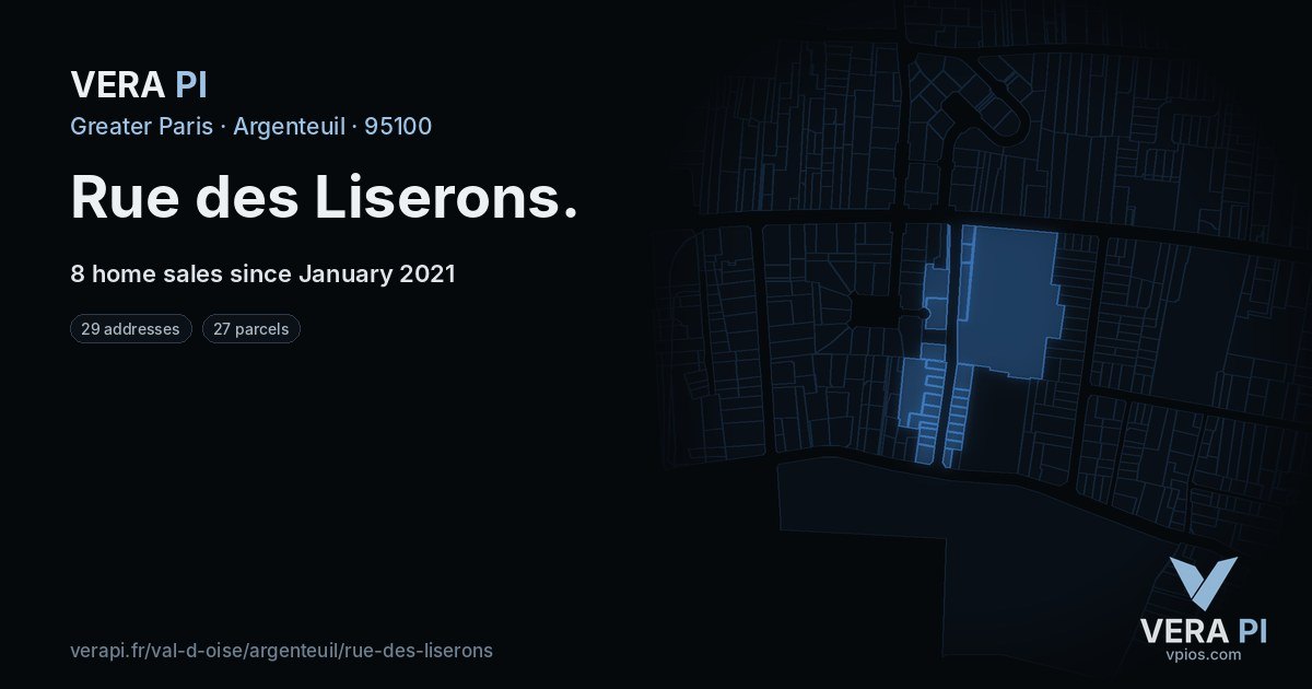Rue des Liserons, Argenteuil at night – every parcel coloured by the prices around it, the street's own parcels lit