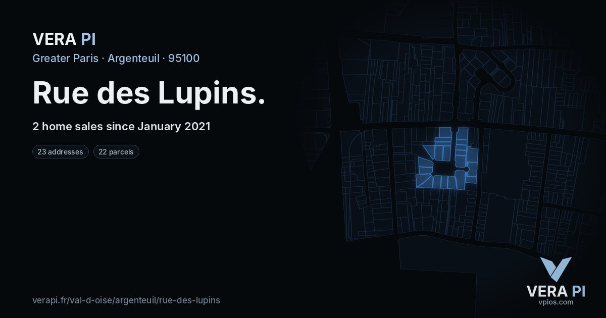 Rue des Lupins, Argenteuil at night – every parcel coloured by the prices around it, the street's own parcels lit