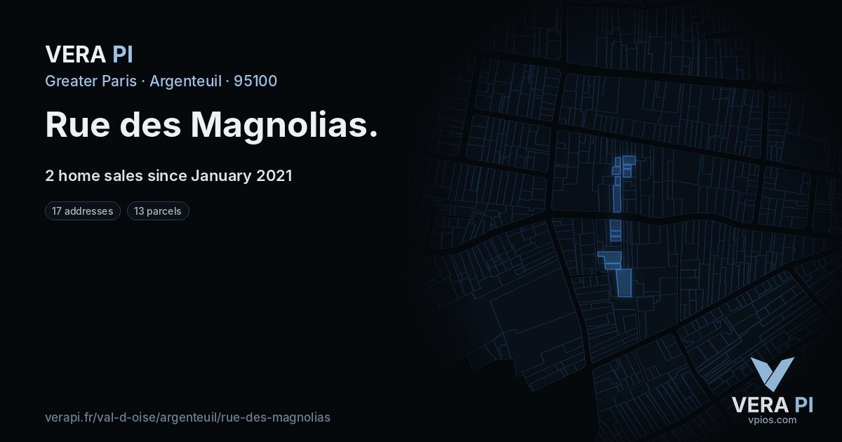 Rue des Magnolias, Argenteuil at night – every parcel coloured by the prices around it, the street's own parcels lit