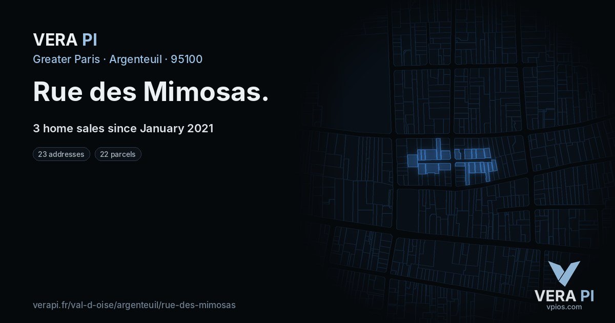 Rue des Mimosas, Argenteuil at night – every parcel coloured by the prices around it, the street's own parcels lit