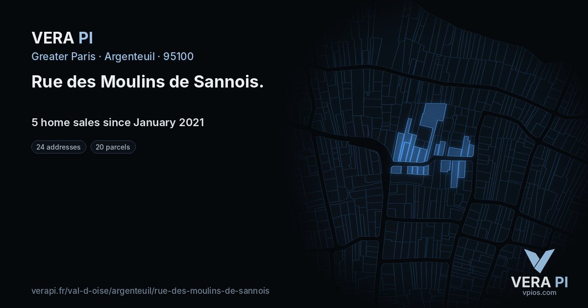Rue des Moulins de Sannois, Argenteuil at night – every parcel coloured by the prices around it, the street's own parcels lit