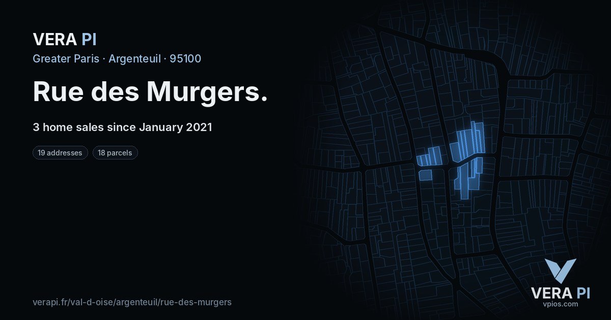 Rue des Murgers, Argenteuil at night – every parcel coloured by the prices around it, the street's own parcels lit