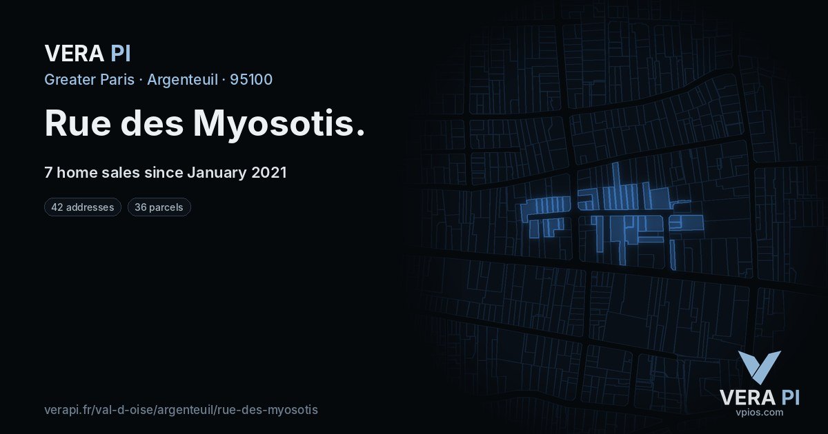 Rue des Myosotis, Argenteuil at night – every parcel coloured by the prices around it, the street's own parcels lit