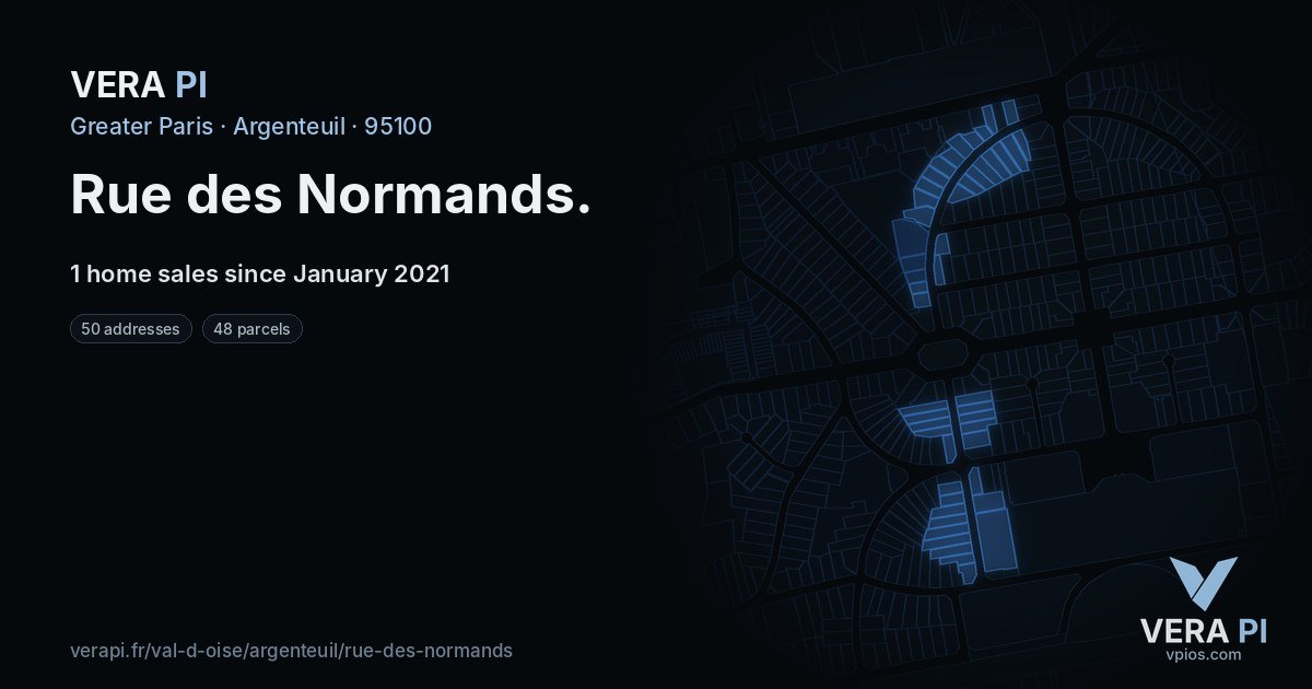 Rue des Normands, Argenteuil at night – every parcel coloured by the prices around it, the street's own parcels lit