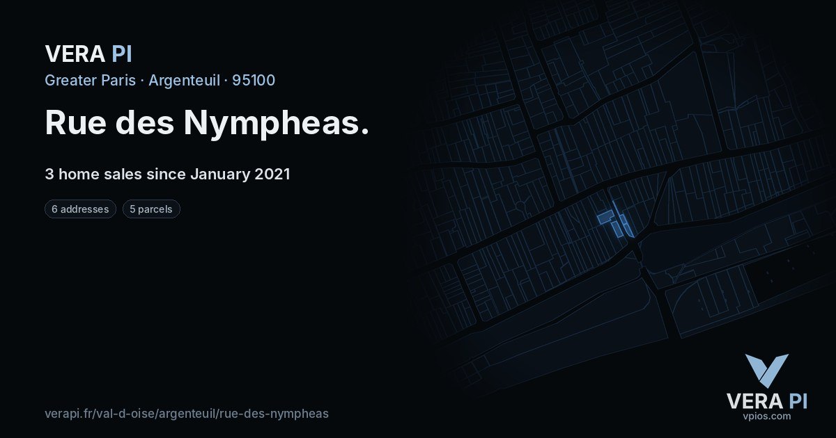 Rue des Nympheas, Argenteuil at night – every parcel coloured by the prices around it, the street's own parcels lit
