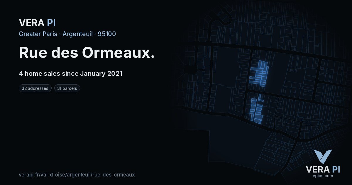 Rue des Ormeaux, Argenteuil at night – every parcel coloured by the prices around it, the street's own parcels lit