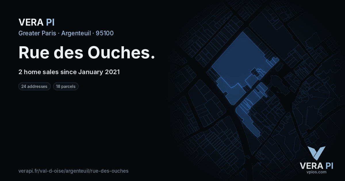 Rue des Ouches, Argenteuil at night – every parcel coloured by the prices around it, the street's own parcels lit