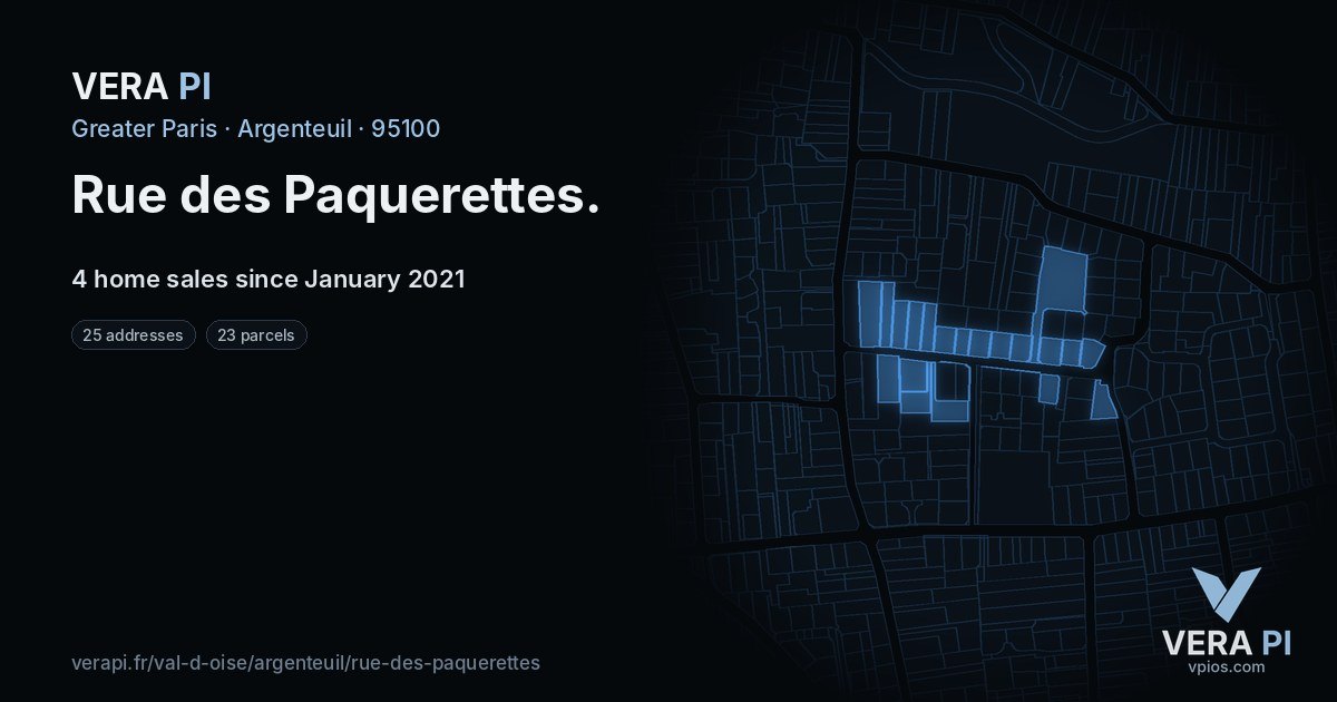 Rue des Paquerettes, Argenteuil at night – every parcel coloured by the prices around it, the street's own parcels lit