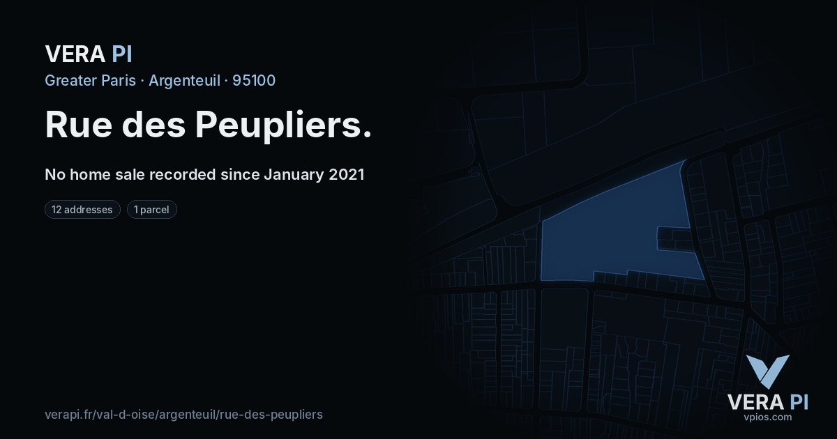 Rue des Peupliers, Argenteuil at night – every parcel coloured by the prices around it, the street's own parcels lit