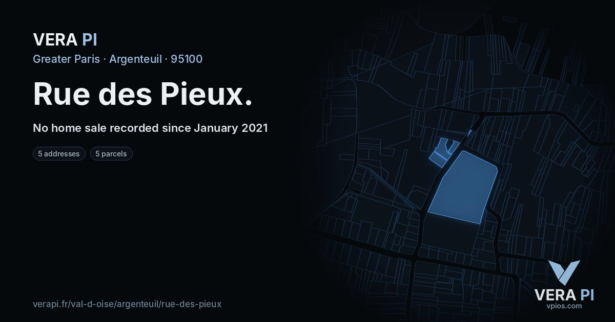 Rue des Pieux, Argenteuil at night – every parcel coloured by the prices around it, the street's own parcels lit