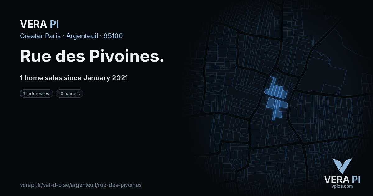 Rue des Pivoines, Argenteuil at night – every parcel coloured by the prices around it, the street's own parcels lit
