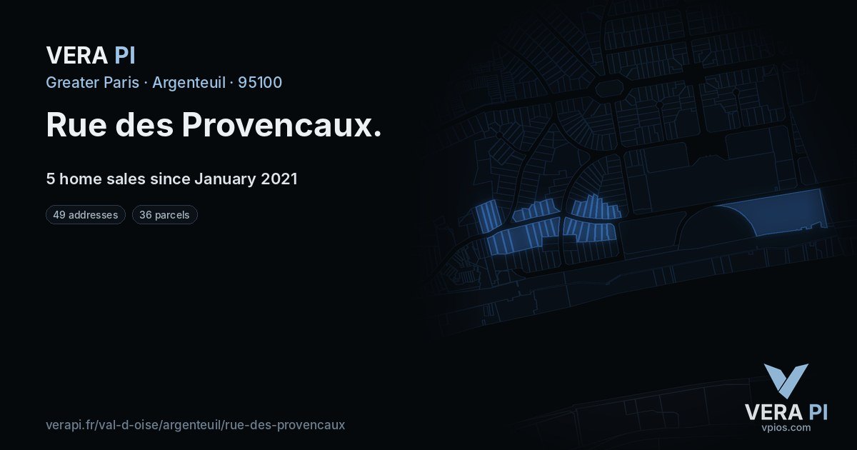 Rue des Provencaux, Argenteuil at night – every parcel coloured by the prices around it, the street's own parcels lit