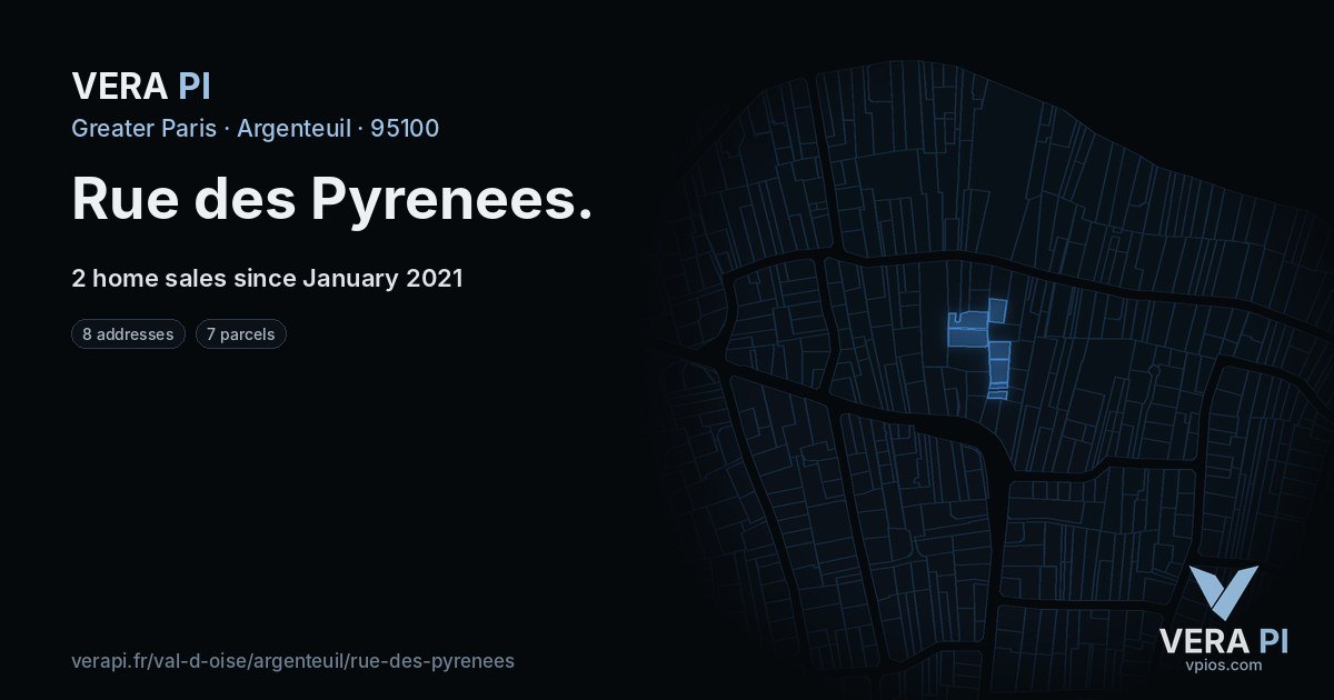 Rue des Pyrenees, Argenteuil at night – every parcel coloured by the prices around it, the street's own parcels lit