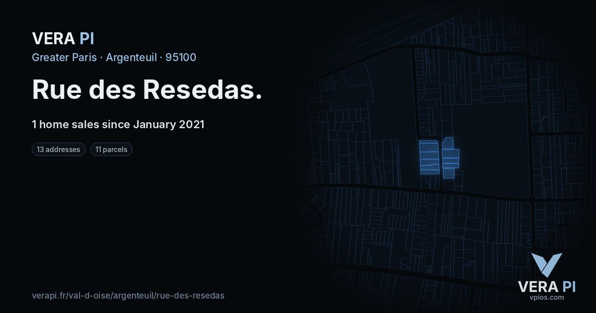 Rue des Resedas, Argenteuil at night – every parcel coloured by the prices around it, the street's own parcels lit