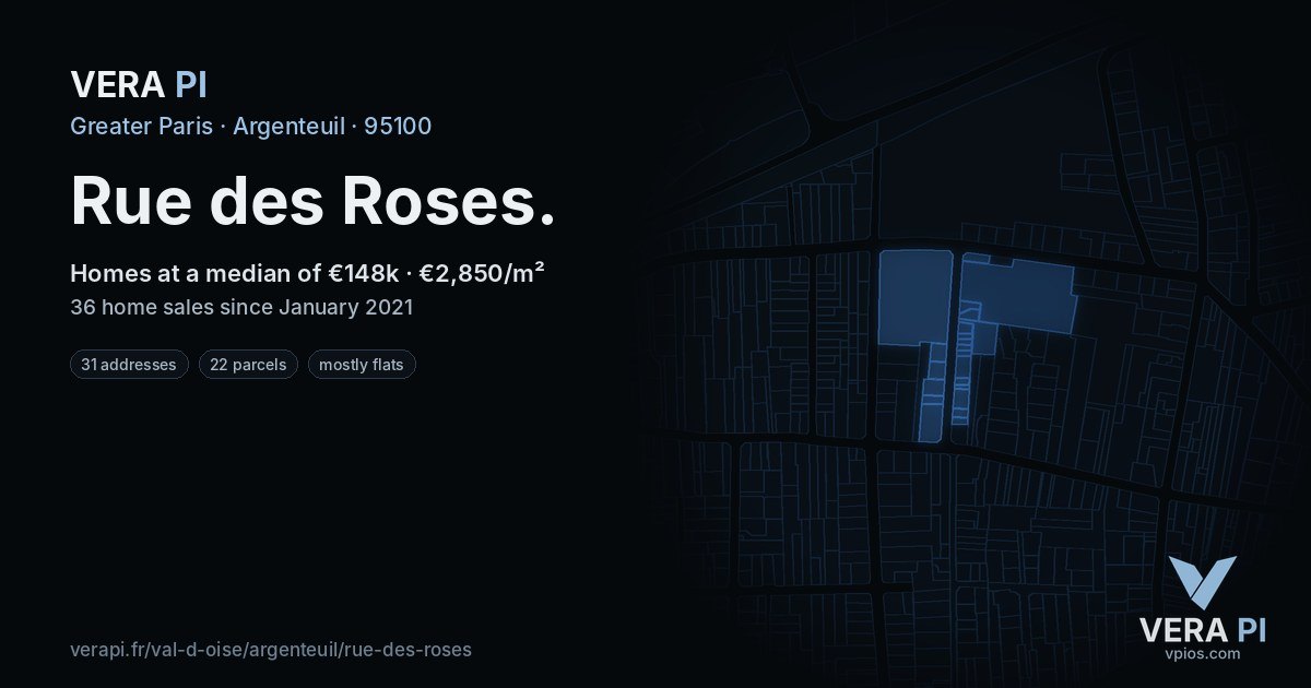 Rue des Roses, Argenteuil at night – every parcel coloured by the prices around it, the street's own parcels lit