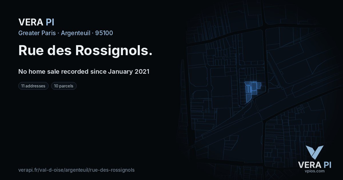 Rue des Rossignols, Argenteuil at night – every parcel coloured by the prices around it, the street's own parcels lit