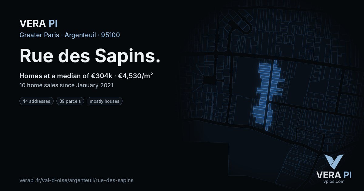 Rue des Sapins, Argenteuil at night – every parcel coloured by the prices around it, the street's own parcels lit