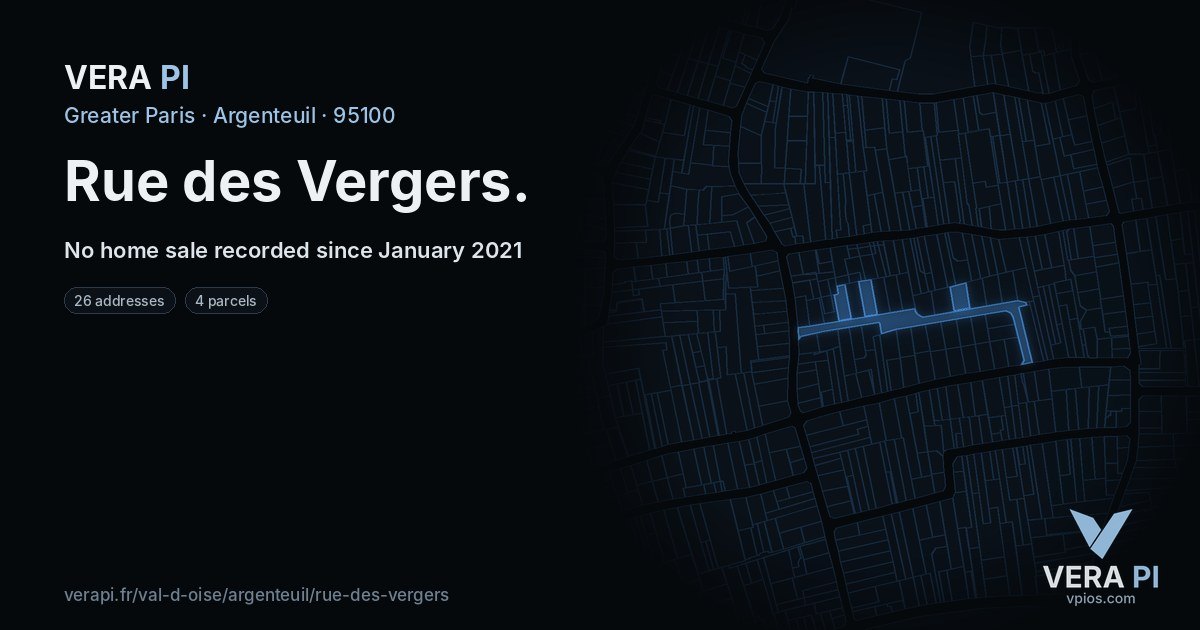 Rue des Vergers, Argenteuil at night – every parcel coloured by the prices around it, the street's own parcels lit