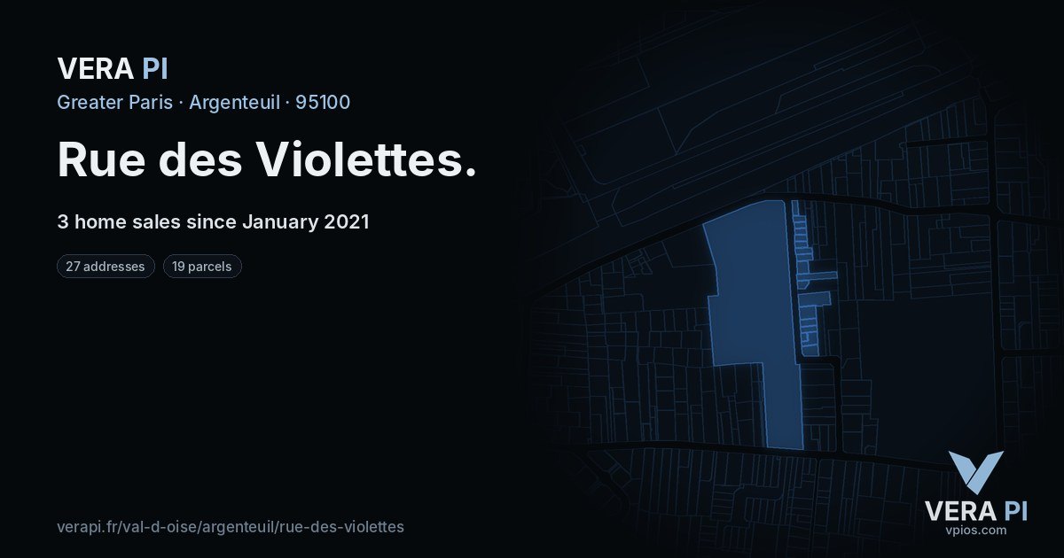 Rue des Violettes, Argenteuil at night – every parcel coloured by the prices around it, the street's own parcels lit