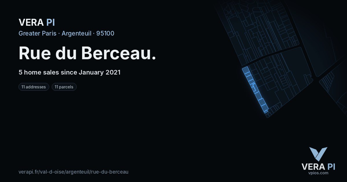 Rue du Berceau, Argenteuil at night – every parcel coloured by the prices around it, the street's own parcels lit